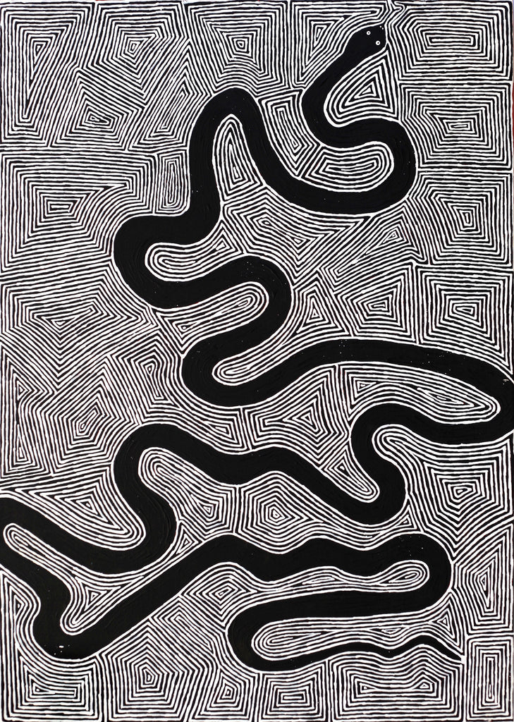 Aboriginal Artwork by Walter Jangala Brown, Warna Jukurrpa (Snake Dreaming), 107x76cm - ART ARK®