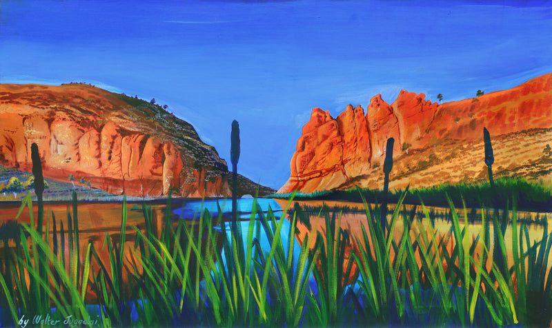 Aboriginal Artwork by Walter Jugadai, Glen Helen landscape, 153x92cm