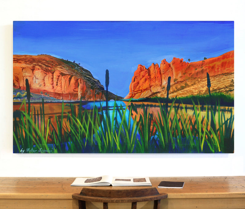 Aboriginal Artwork by Walter Jugadai, Glen Helen landscape, 153x92cm
