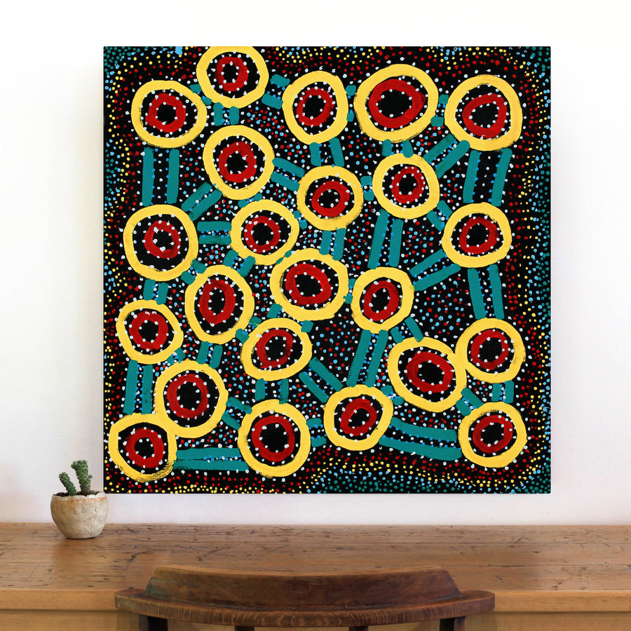 Aboriginal Artwork by Watson Jangala Robertson, Ngapa Jukurrpa (Water Dreaming) - Puyurru, 76x76cm