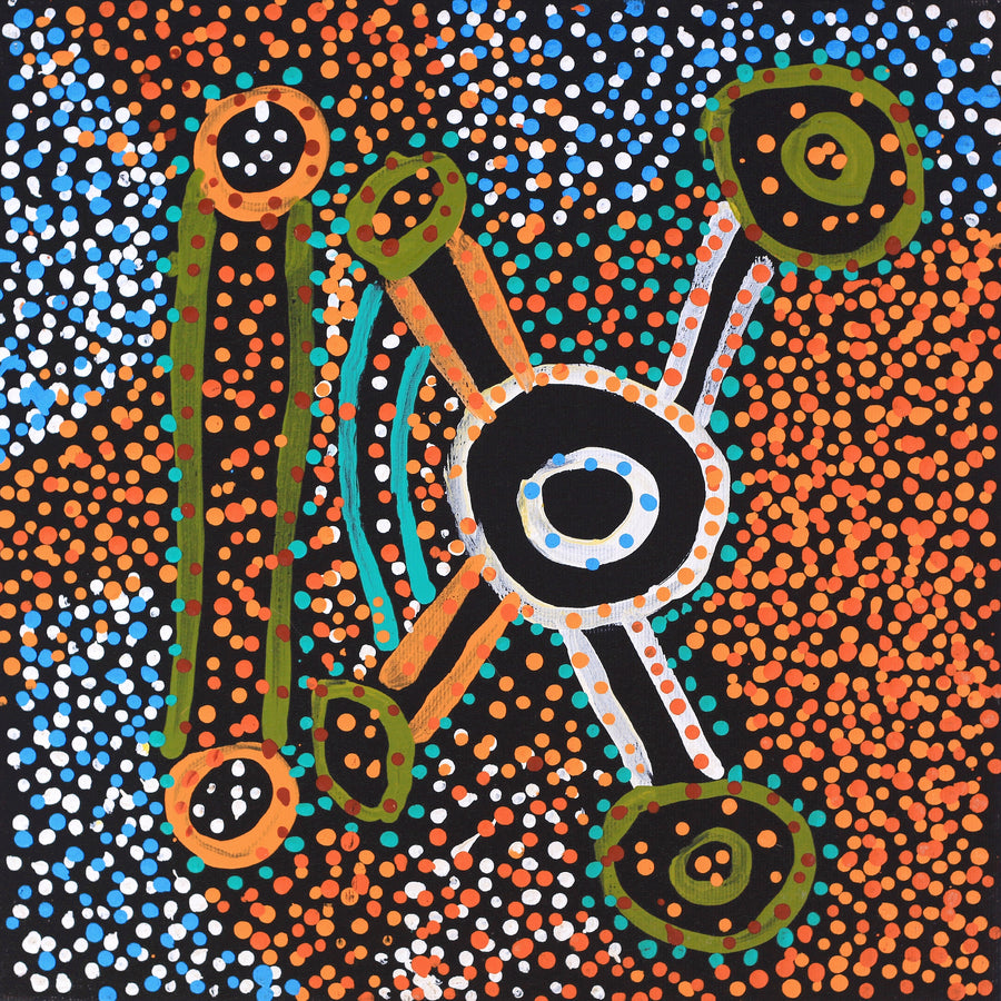 Aboriginal Artwork by Watson Jangala Robertson, Ngapa Jukurrpa (Water Dreaming) - Puyurru, 30x30cm