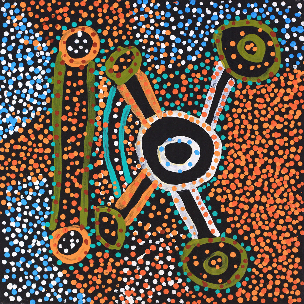 Aboriginal Art by Watson Jangala Robertson, Ngapa Jukurrpa (Water Dreaming) - Puyurru, 30x30cm - ART ARK®