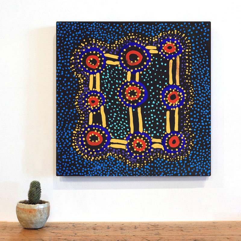 Aboriginal Artwork by Watson Jangala Robertson, Ngapa Jukurrpa (Water Dreaming) - Puyurru, 46x46cm
