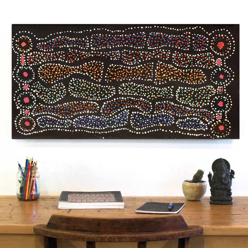 Aboriginal Artwork by Watson Jangala Robertson, Ngapa Jukurrpa (Water Dreaming) - Puyurru, 91x46cm