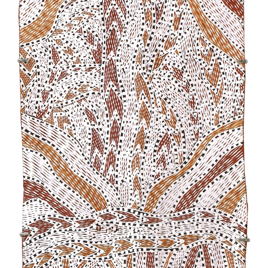 Aboriginal Artwork by Wukun Wanambi, Trial Bay, 112x38cm Bark