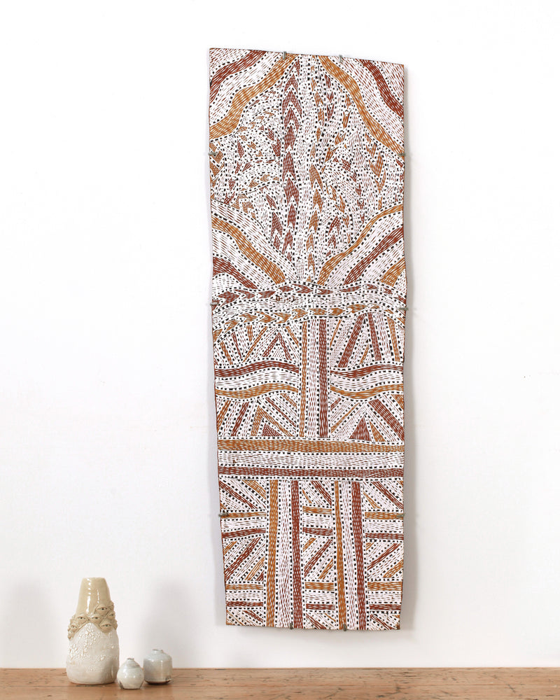 Aboriginal Artwork by Wukun Wanambi, Trial Bay, 112x38cm Bark
