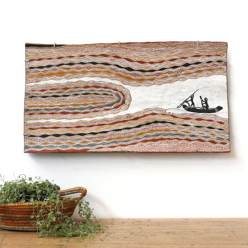 Aboriginal Artwork by Wulu Marawili Mikariny Muluminya, Yathikpa, 78x42cm Bark