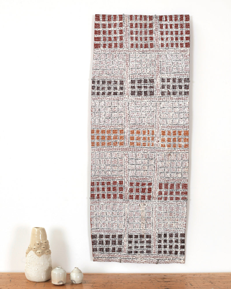 Aboriginal Artwork by Yimula Munuŋgurr, Djapu Design, 98x39cm Bark