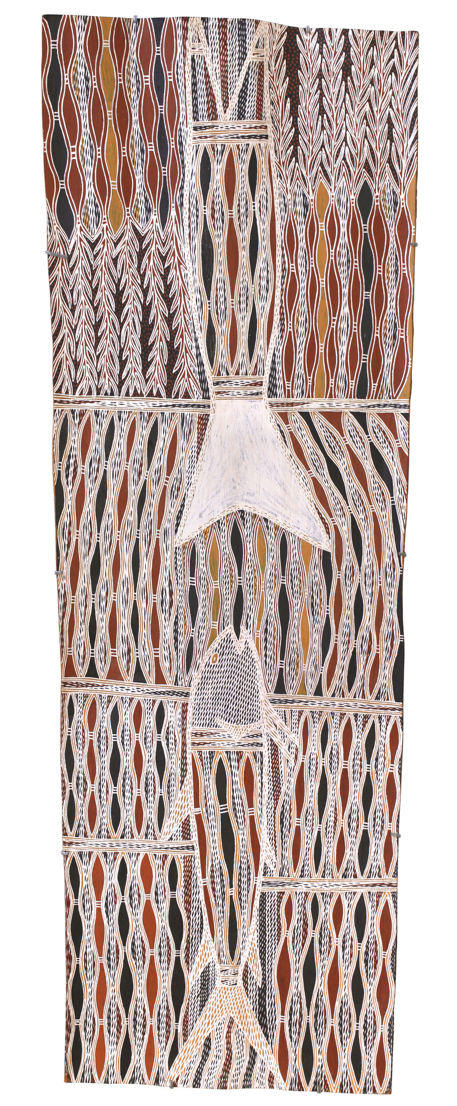 Aboriginal Artwork by Yinimala Gumana, Gupapuyŋu Ŋuykal, 162x57cm Bark