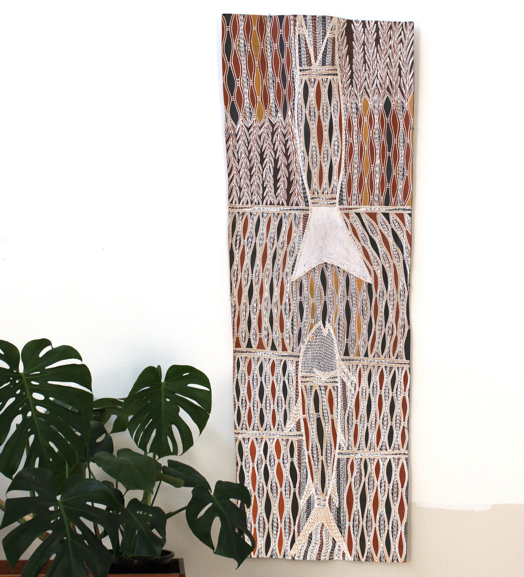 Aboriginal Artwork by Yinimala Gumana, Gupapuyŋu Ŋuykal, 162x57cm Bark
