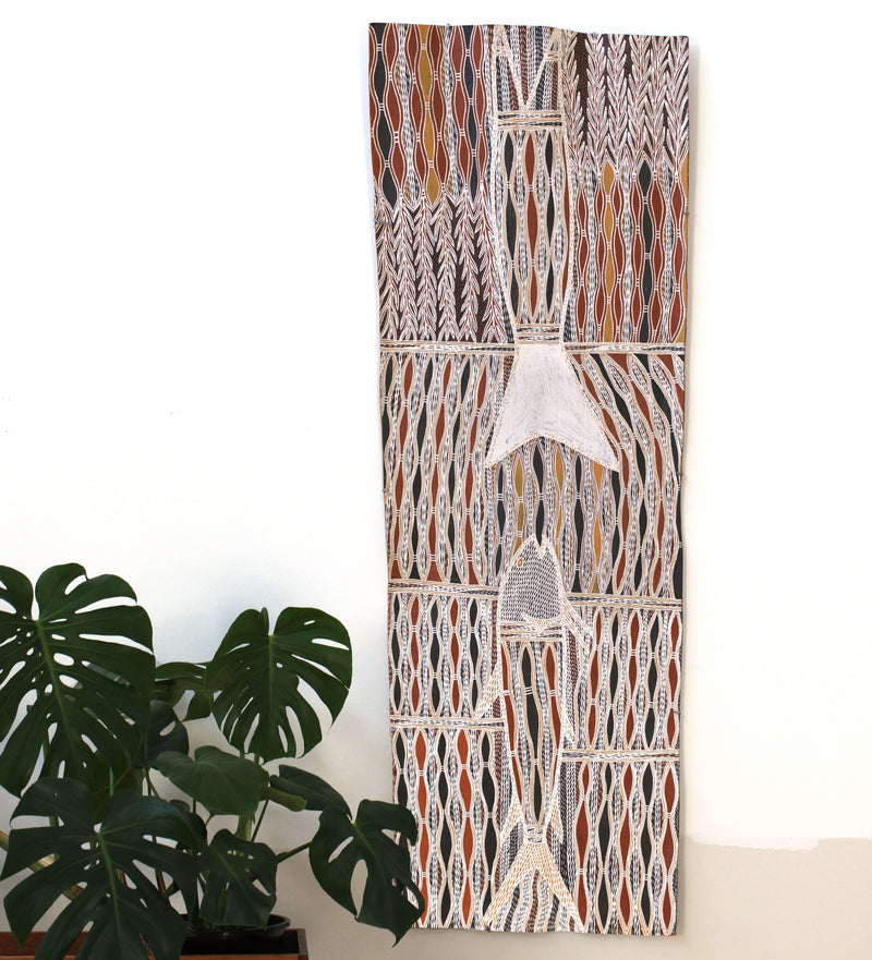 Aboriginal Artwork by Yinimala Gumana, Gupapuyŋu Ŋuykal, 162x57cm Bark