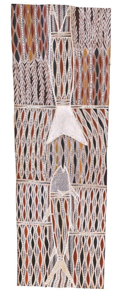 Aboriginal Artwork by Yinimala Gumana, Gupapuyŋu Ŋuykal, 162x57cm Bark