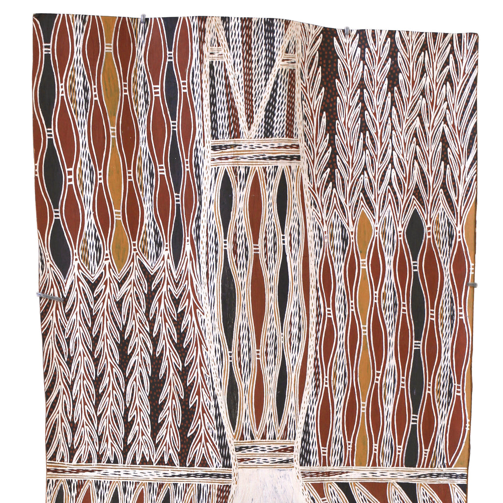 Aboriginal Artwork by Yinimala Gumana, Gupapuyŋu Ŋuykal, 162x57cm Bark