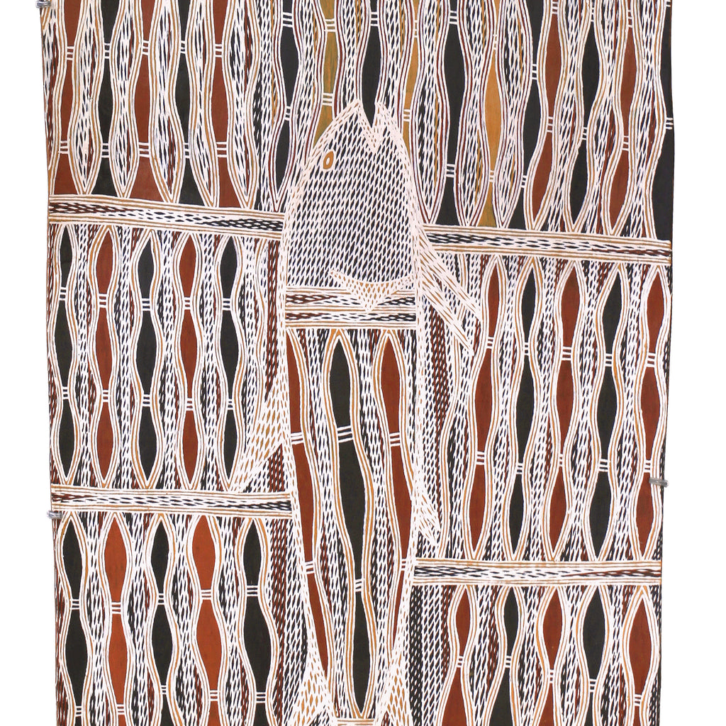 Aboriginal Artwork by Yinimala Gumana, Gupapuyŋu Ŋuykal, 162x57cm Bark