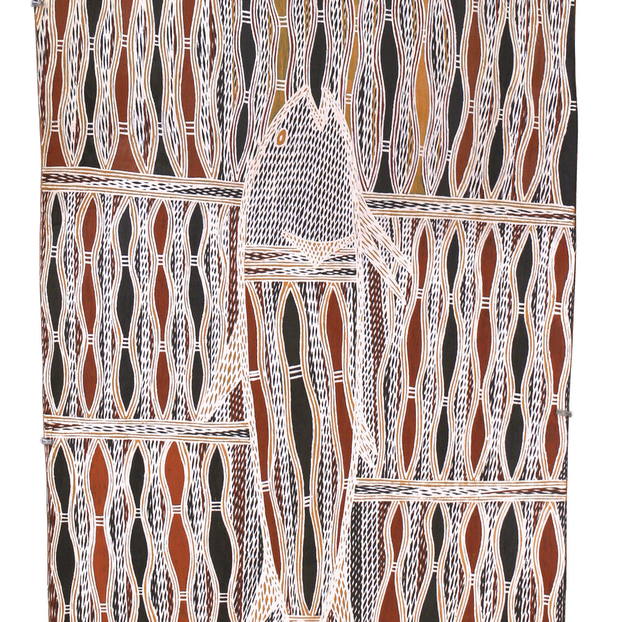 Aboriginal Artwork by Yinimala Gumana, Gupapuyŋu Ŋuykal, 162x57cm Bark