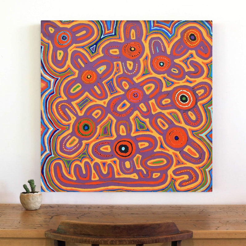 Aboriginal Artwork by Ada Nangala Dixon, Ngapa Jukurrpa (Water Dreaming) - Puyurru, 76x76cm