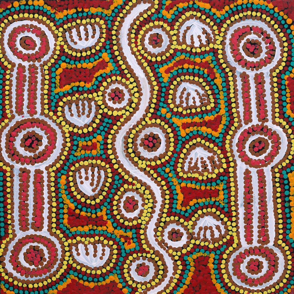 Aboriginal Art by Henry Jampijinpa Spencer, Wardapi Jukurrpa (Goanna Dreaming) - Yarripilangu, 30x30cm - ART ARK®