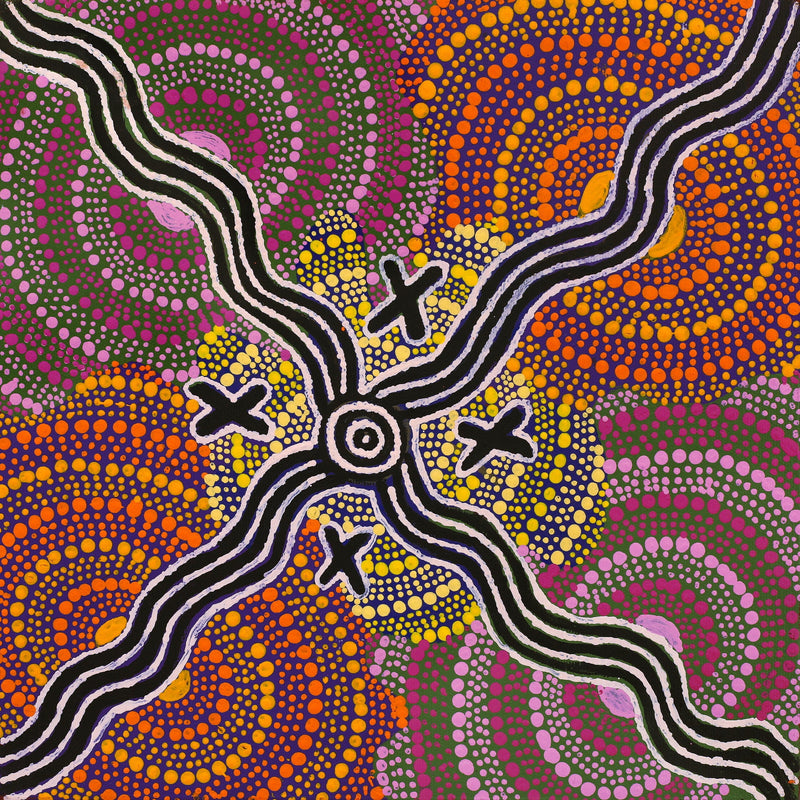 Aboriginal Artwork by Jill Nungarrayi Watson, Ngatijirri Jukurrpa (Budgerigar Dreaming), 30x30cm