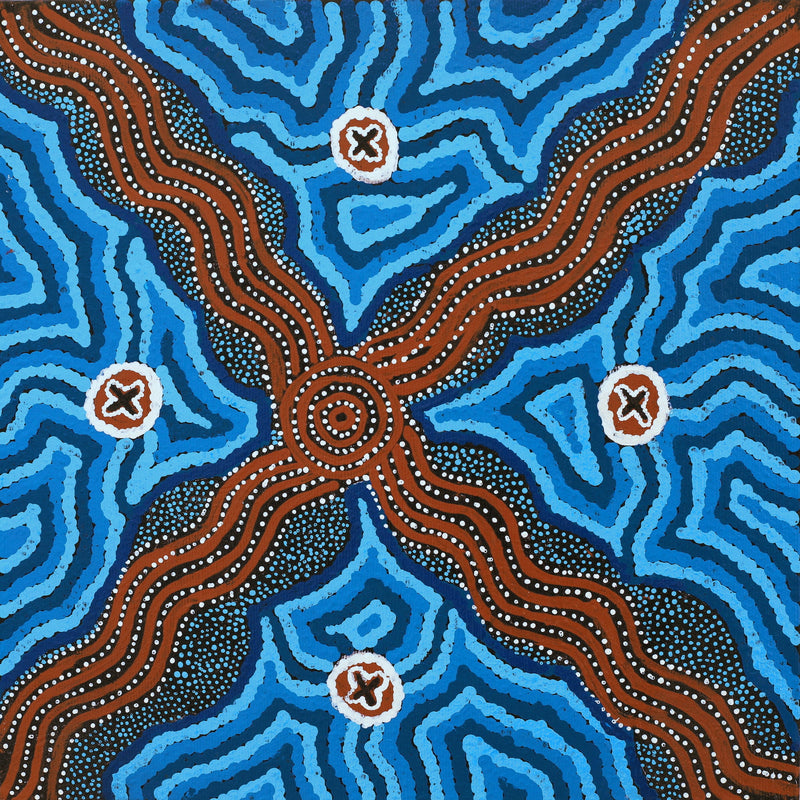 Aboriginal Artwork by Jill Nungarrayi Watson, Ngatijirri Jukurrpa (Budgerigar Dreaming), 30x30cm