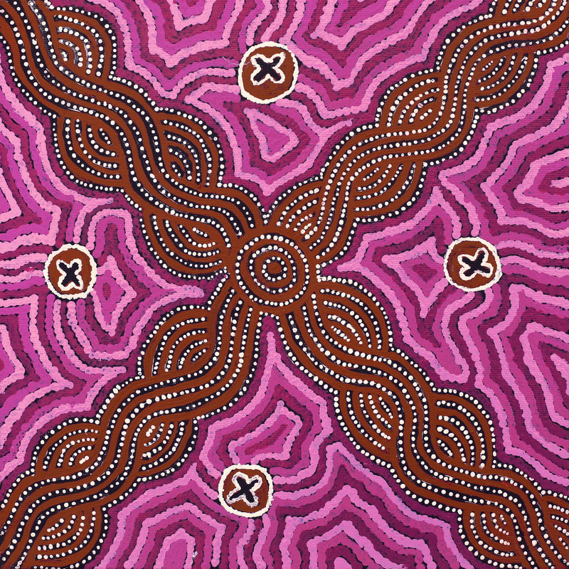 Aboriginal Artwork by Jill Nungarrayi Watson, Ngatijirri Jukurrpa (Budgerigar Dreaming), 30x30cm