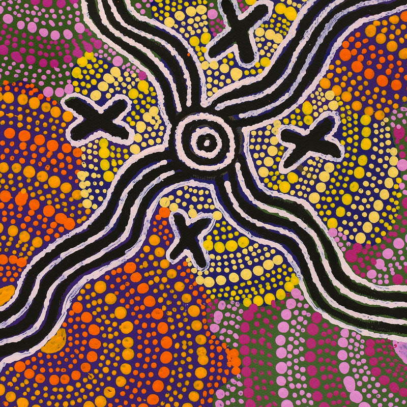 Aboriginal Artwork by Jill Nungarrayi Watson, Ngatijirri Jukurrpa (Budgerigar Dreaming), 30x30cm