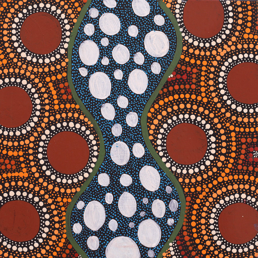 Aboriginal Artwork by Leavannia Nampijinpa Watson, Ngapa Jukurrpa (Water Dreaming) - Puyurru, 30x30cm