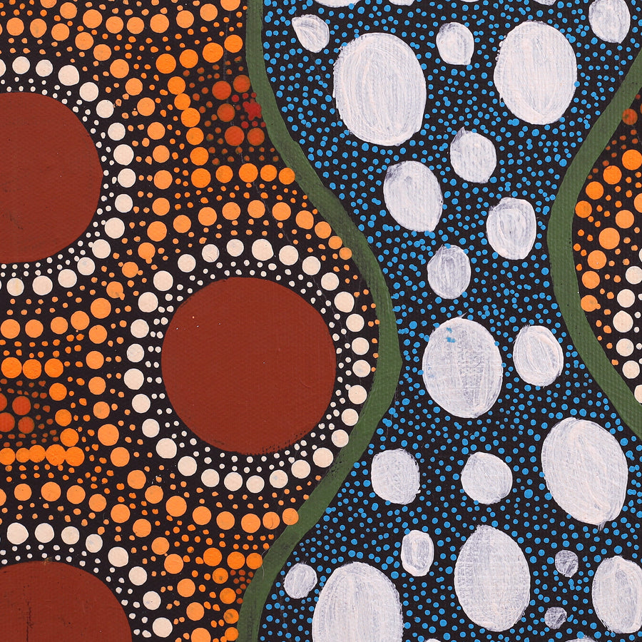 Aboriginal Artwork by Leavannia Nampijinpa Watson, Ngapa Jukurrpa (Water Dreaming) - Puyurru, 30x30cm