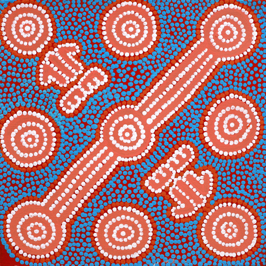 Aboriginal Artwork by Michael Japaljarri Wayne, Marlu Jukurrpa (Red Kangaroo Dreaming) Yarnardilyi & Jurnti, 30x30cm