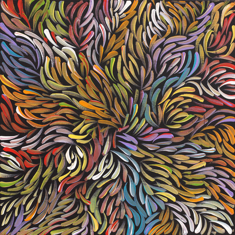 Aboriginal Artwork by Nola Napangardi Fisher, Purrpalanji (Skinny Bush Banana) Jukurrpa, 30x30cm