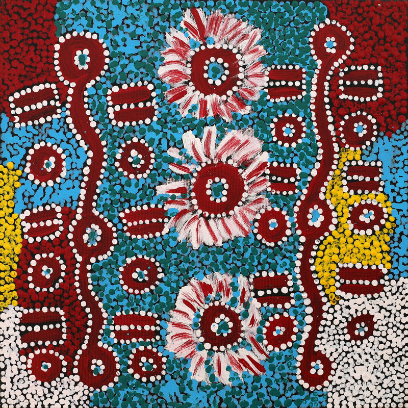 Aboriginal Artwork by Pamela Nangala Sampson, Ngapa Jukurrpa (Water Dreaming) - Puyurru, 30x30cm