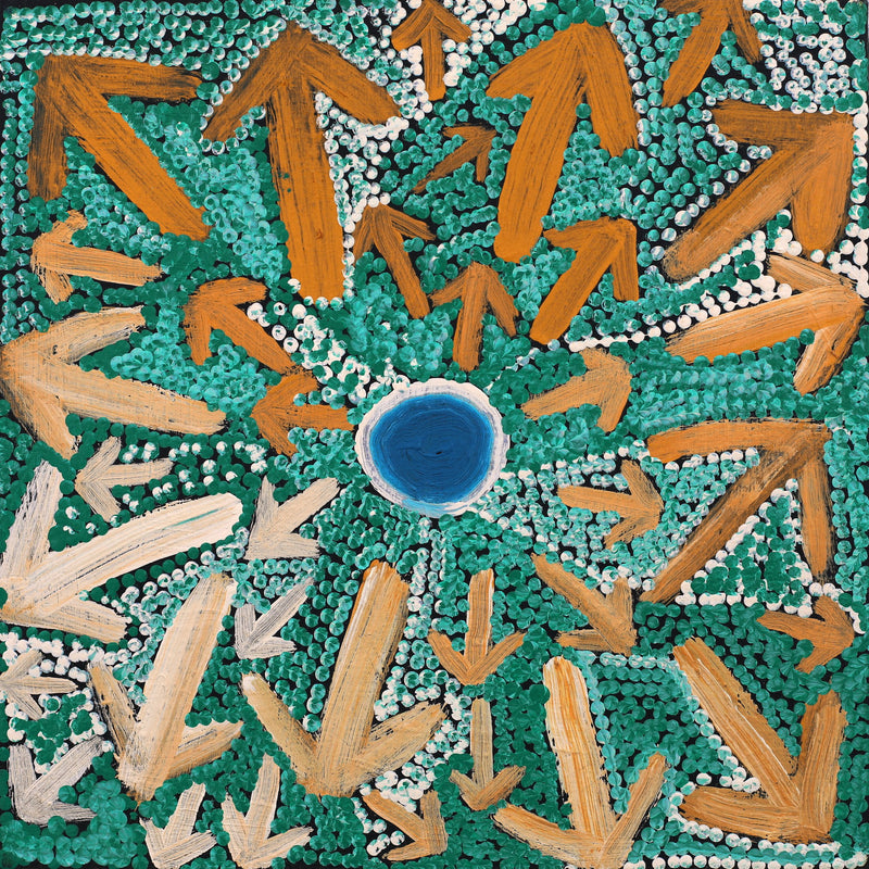 Aboriginal Artwork by Ricardo Jampijinpa Gallagher, Yankirri Ngipiri Jukurrpa (Emu Egg Dreaming), 30x30cm