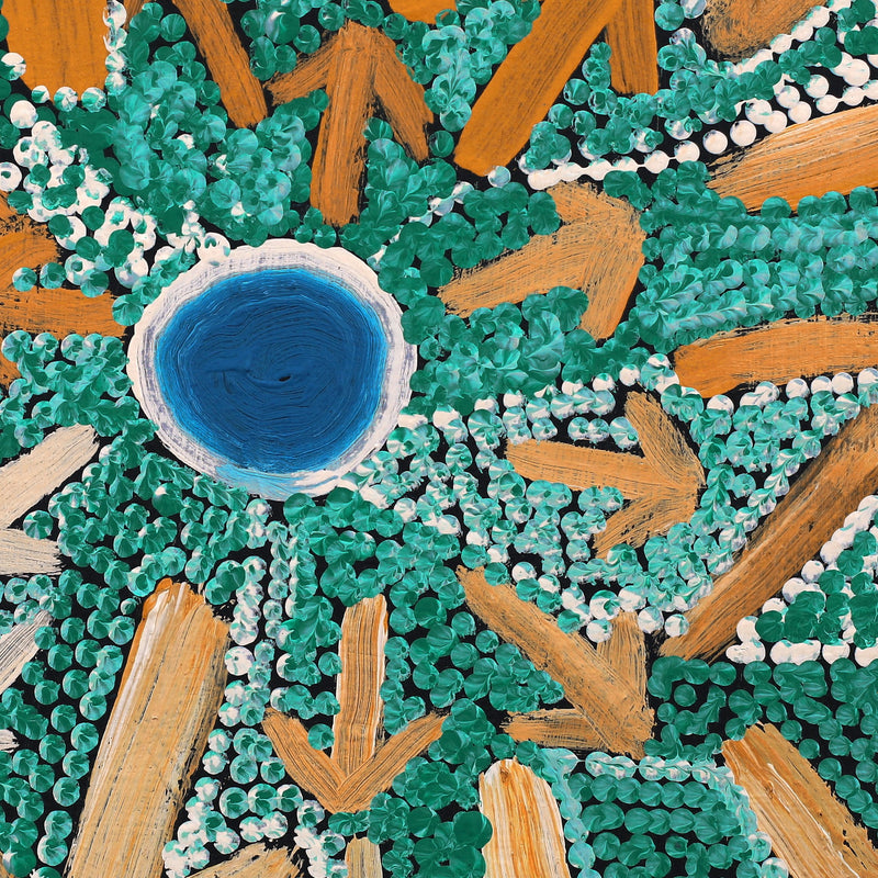 Aboriginal Artwork by Ricardo Jampijinpa Gallagher, Yankirri Ngipiri Jukurrpa (Emu Egg Dreaming), 30x30cm