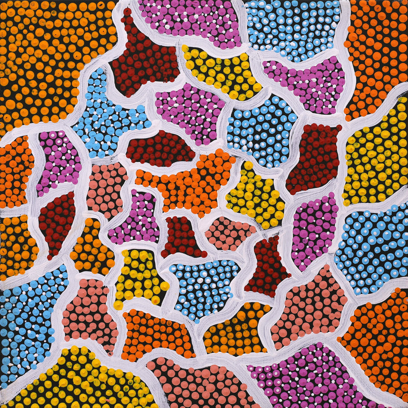 Aboriginal Artwork by Shaimaya Nampijinpa Brown, Luurnpa Jukurrpa (Kingfisher Dreaming) - Lake MacKay, 30x30cm