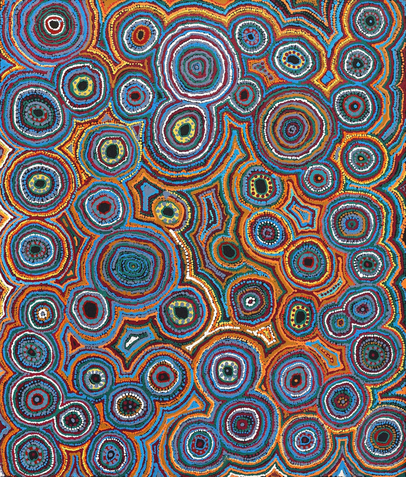 Aboriginal Artwork by Ada Nangala Dixon, Ngapa Jukurrpa (Water Dreaming) - Puyurru, 107x91cm