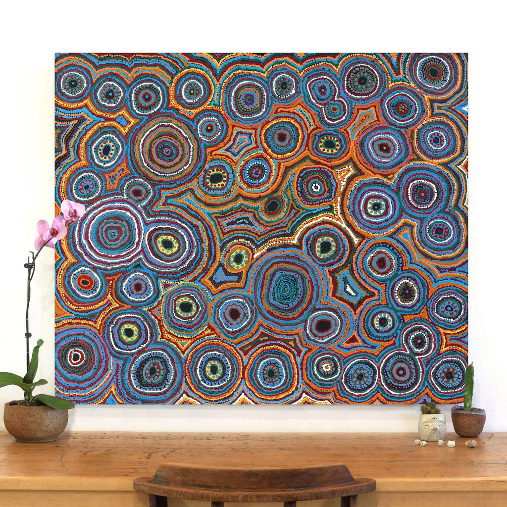 Aboriginal Artwork by Ada Nangala Dixon, Ngapa Jukurrpa (Water Dreaming) - Puyurru, 107x91cm