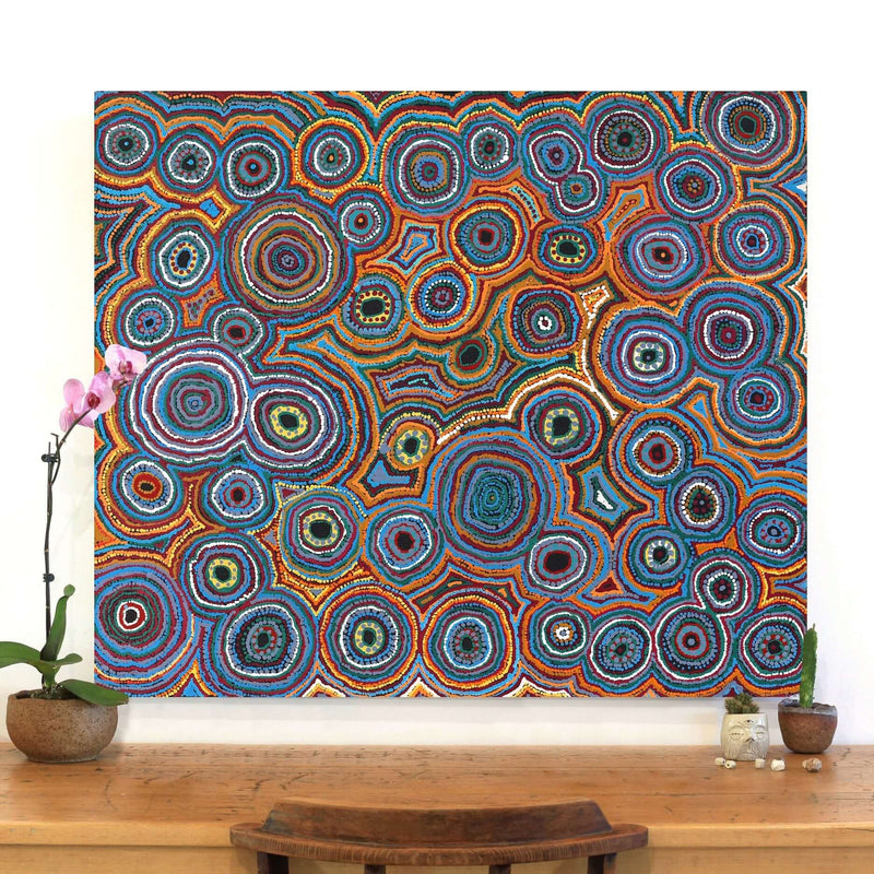 Aboriginal Artwork by Ada Nangala Dixon, Ngapa Jukurrpa (Water Dreaming) - Puyurru, 107x91cm