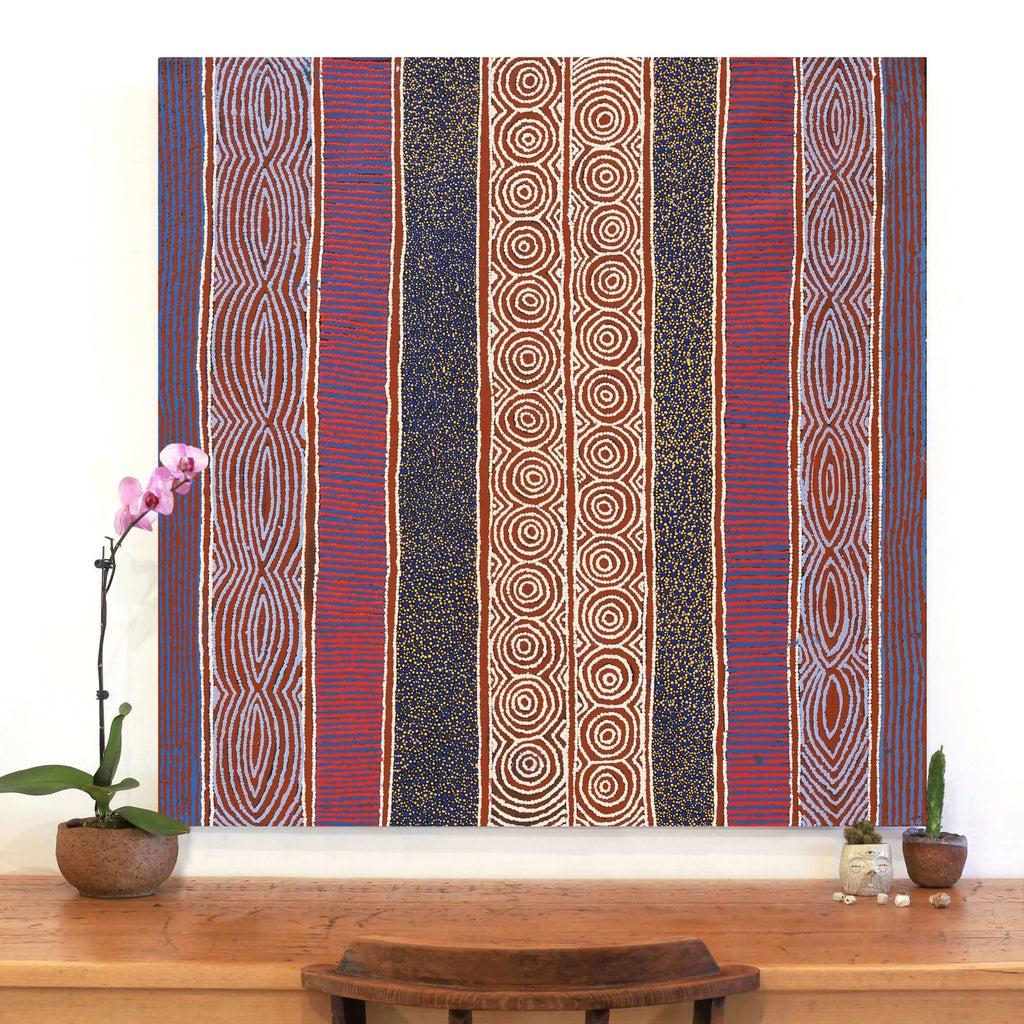 Aboriginal Artwork by Agnes Nampijinpa Fry, Ngapa Jukurrpa (Water Dreaming) - Puyurru, 107x107cm