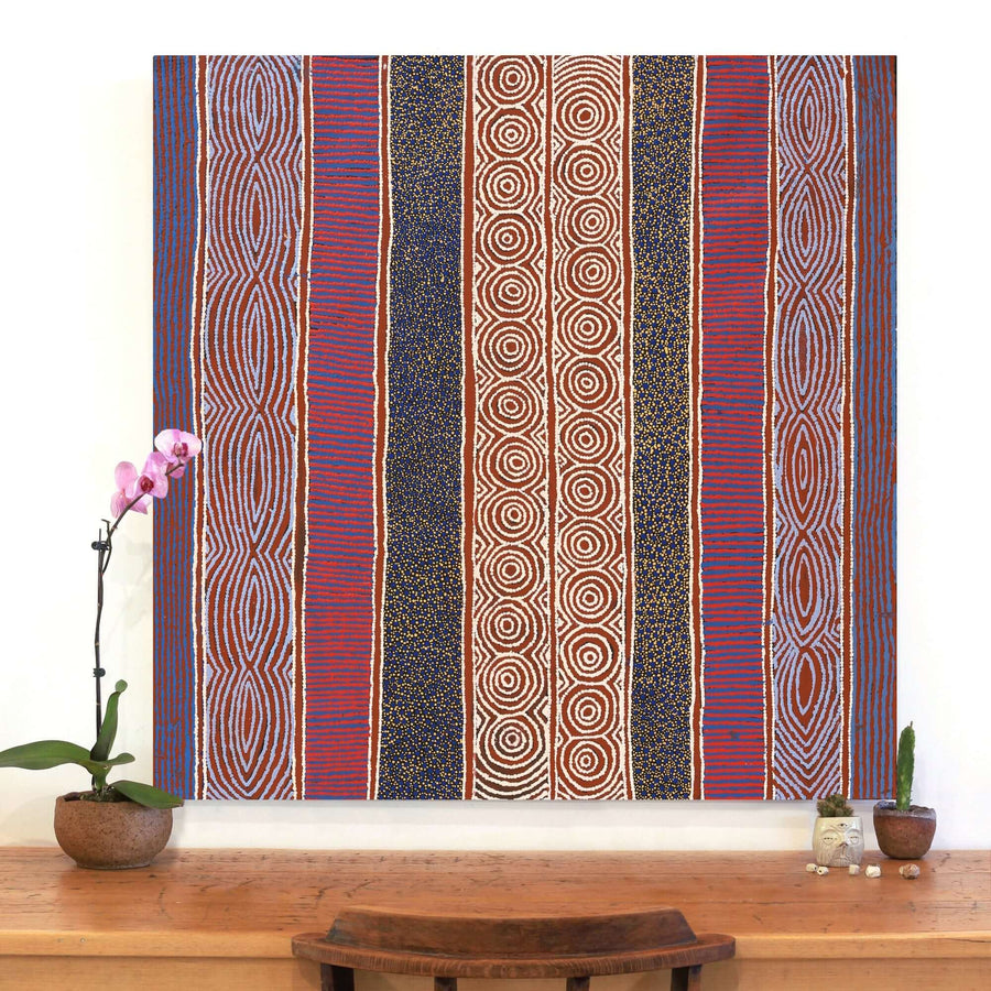 Aboriginal Artwork by Agnes Nampijinpa Fry, Ngapa Jukurrpa (Water Dreaming) - Puyurru, 107x107cm