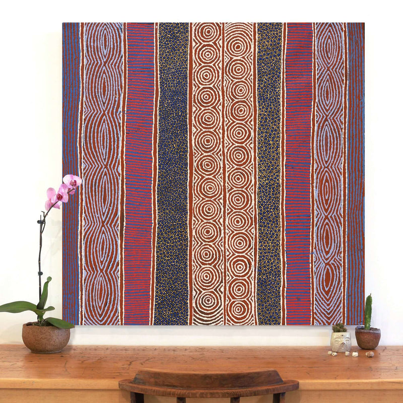 Aboriginal Artwork by Agnes Nampijinpa Fry, Ngapa Jukurrpa (Water Dreaming) - Puyurru, 107x107cm