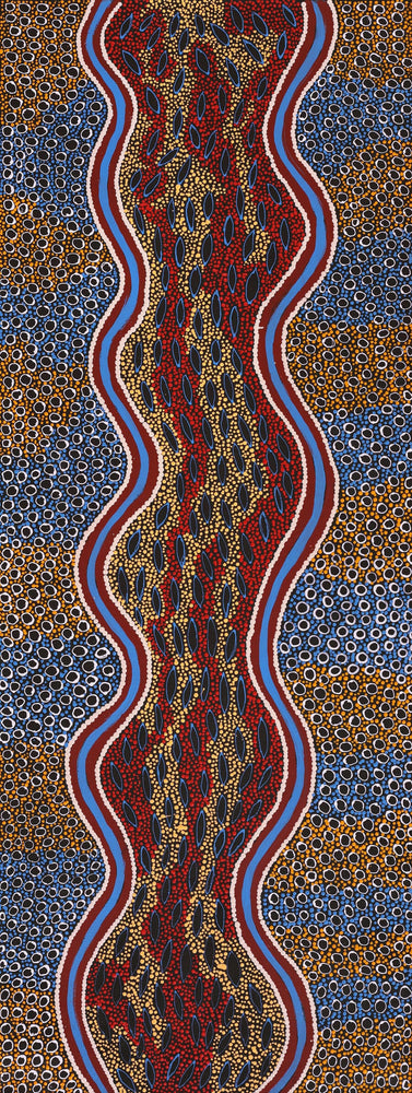 Aboriginal Artwork by Agnes Nampijinpa Fry, Pamapardu Jukurrpa (Flying Ant Dreaming) - Warntungurru, 122x46cm