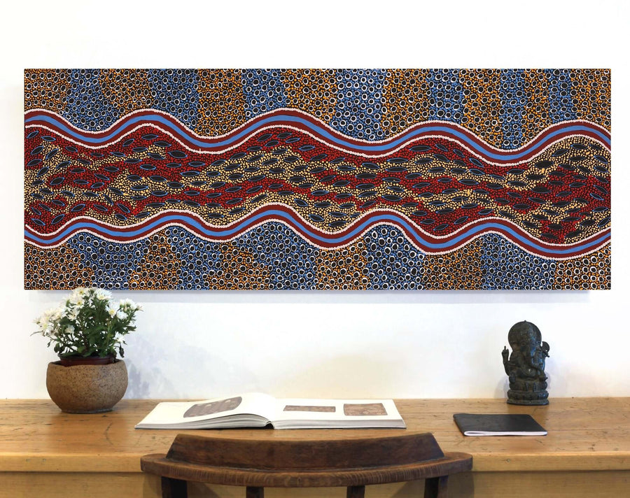 Aboriginal Artwork by Agnes Nampijinpa Fry, Pamapardu Jukurrpa (Flying Ant Dreaming) - Warntungurru, 122x46cm