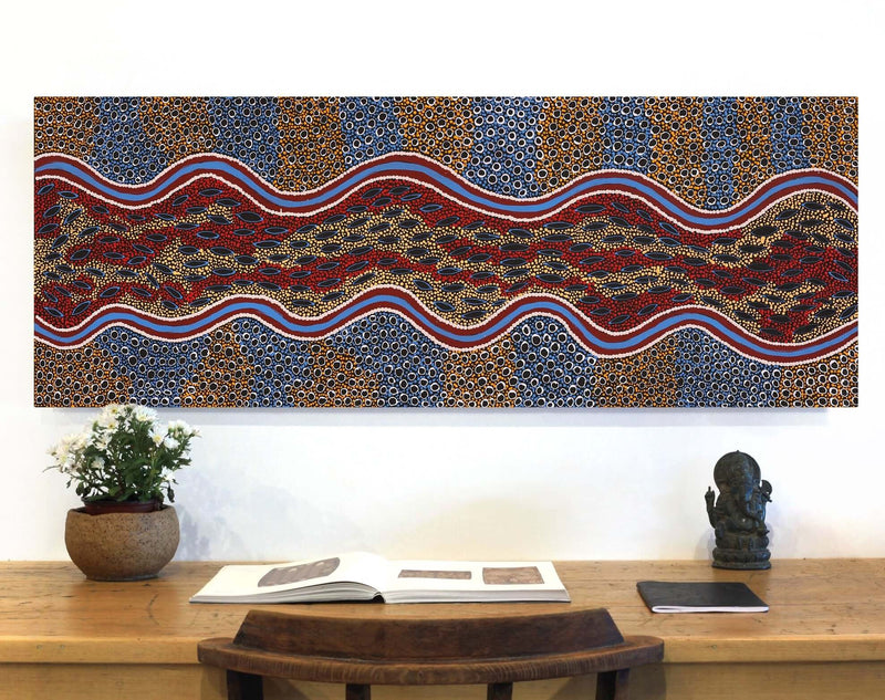 Aboriginal Artwork by Agnes Nampijinpa Fry, Pamapardu Jukurrpa (Flying Ant Dreaming) - Warntungurru, 122x46cm