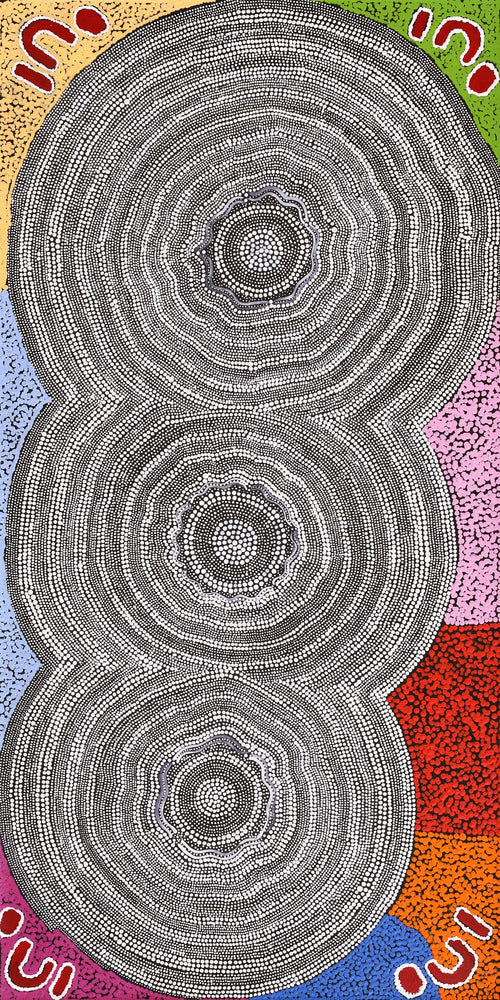 Aboriginal Artwork by Catherine Nungarrayi Malbunka, Mina Mina Jukurrpa (Mina Mina Dreaming), 122x61cm