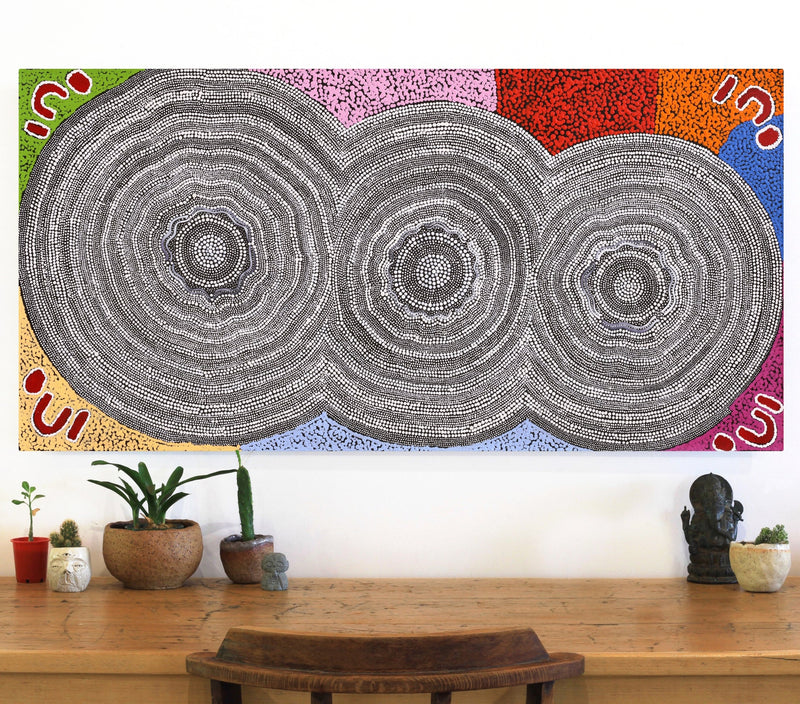 Aboriginal Artwork by Catherine Nungarrayi Malbunka, Mina Mina Jukurrpa (Mina Mina Dreaming), 122x61cm
