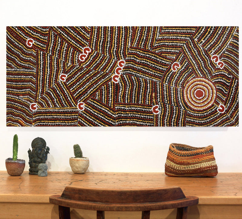 Aboriginal Artwork by Celestine Nungarrayi Tex, Lappi Lappi Jukurrpa, 107x46cm