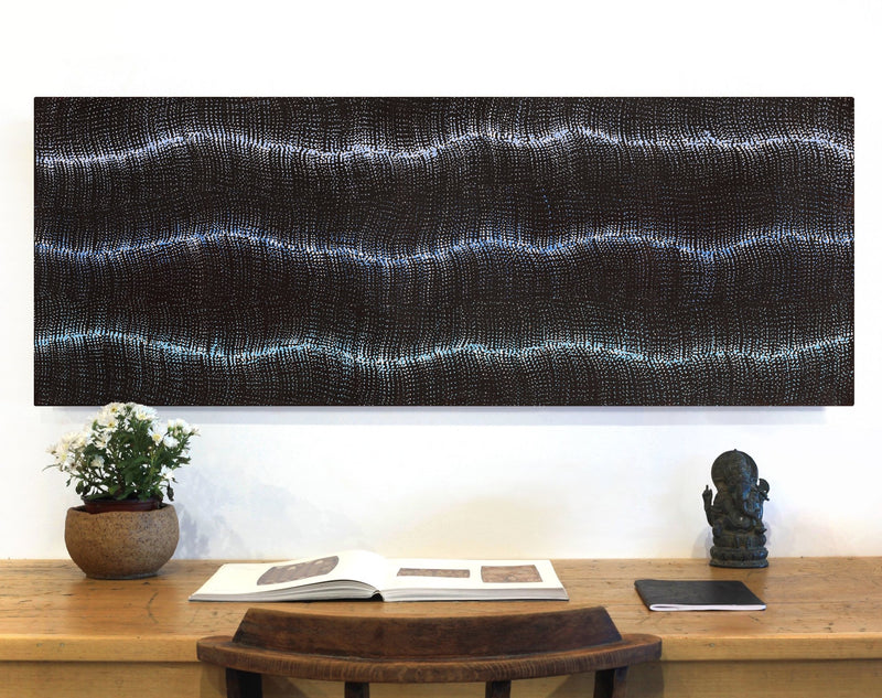 Aboriginal Artwork by Debbie Napaljarri Brown, Wanakiji Jukurrpa (Bush Tomato Dreaming), 122x46cm