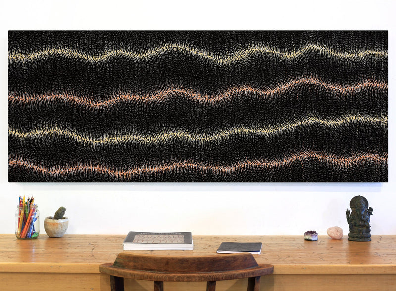 Aboriginal Artwork by Debbie Napaljarri Brown, Wanakiji Jukurrpa (Bush Tomato Dreaming), 152x61cm