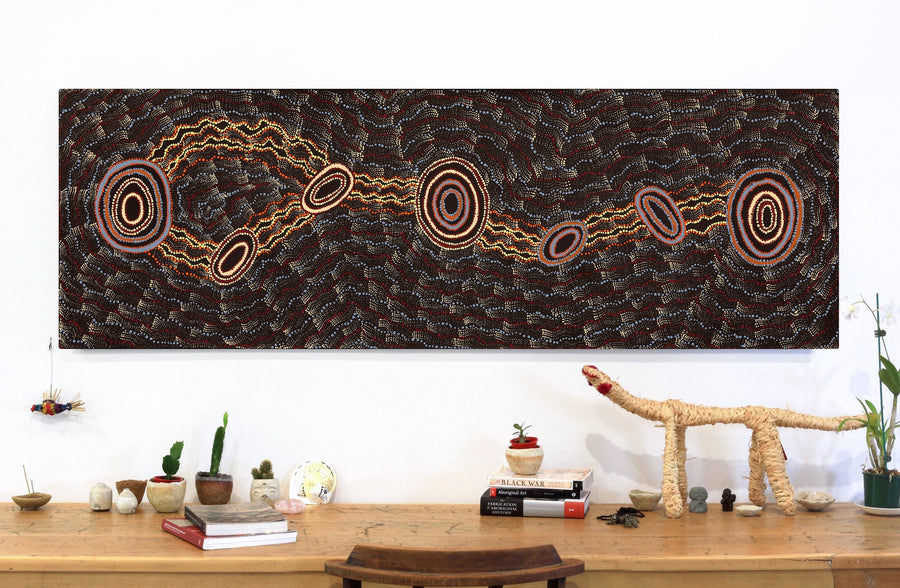 Aboriginal Artwork by Debbie Napaljarri Brown, Wanakiji Jukurrpa (Bush Tomato Dreaming), 183x61cm