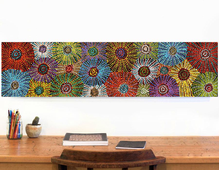 Aboriginal Artwork by Evelyn Nangala Robertson, Ngapa Jukurrpa - Puyurru, 122x30cm