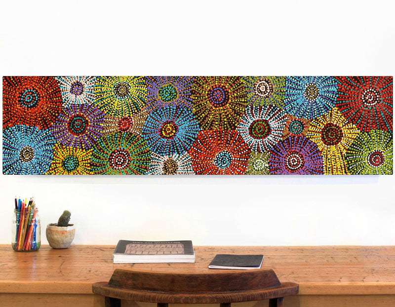 Aboriginal Artwork by Evelyn Nangala Robertson, Ngapa Jukurrpa - Puyurru, 122x30cm